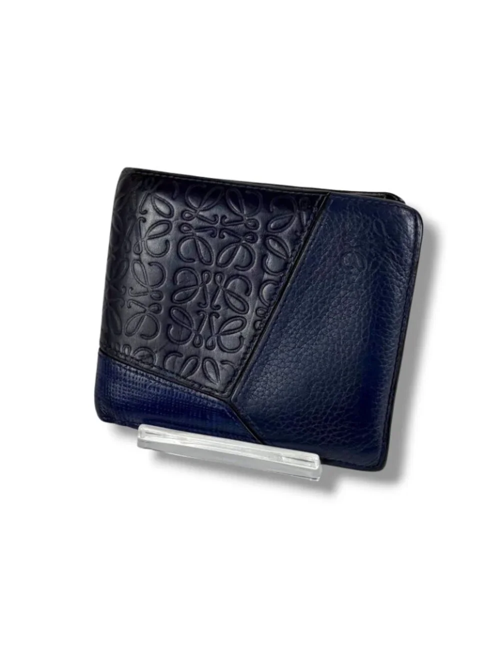 Loewe Puzzle Tricolor Compact Wallet Bifold Navy Anagram Logo Leather
